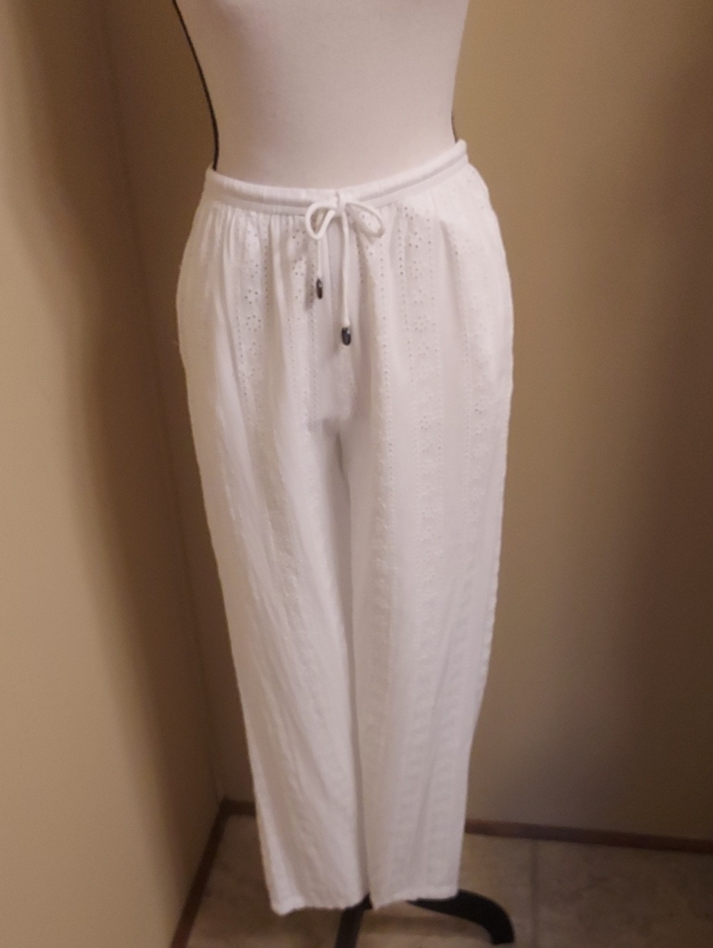 Blue Island White Elastic-Waist Eyelet Trousers